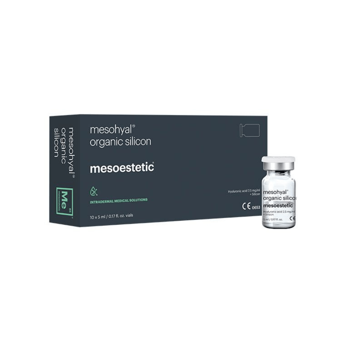 Mesoestetic Mesohyal Organic Silicon (10 X 5ML) box with one vial next to it, intradermal treatment for skin tissue restructuring, contains hyaluronic acid and organic silicon.