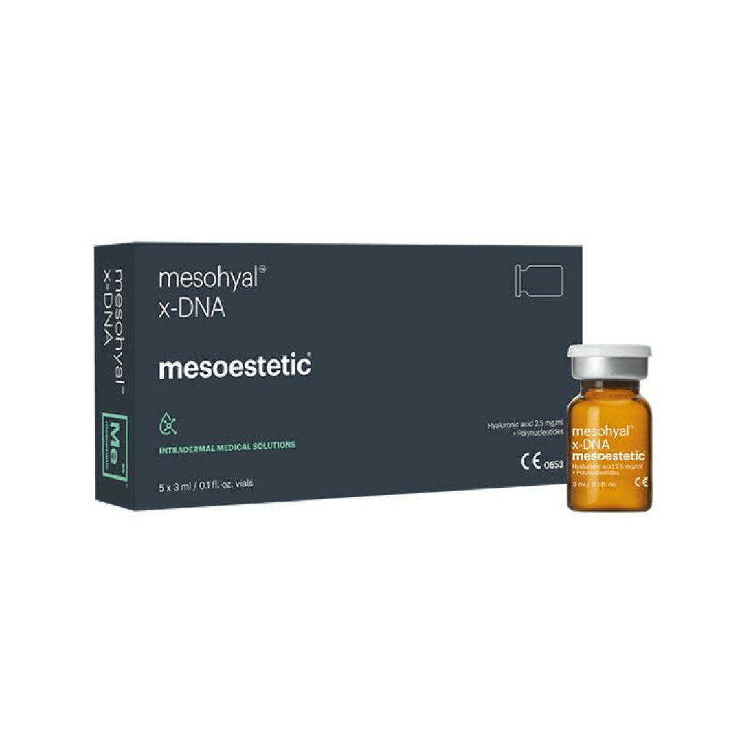 Mesoestetic Mesohyal X-DNA (5 X 3ML) box with one vial displayed. Intradermal treatment for skin repair and collagen synthesis.