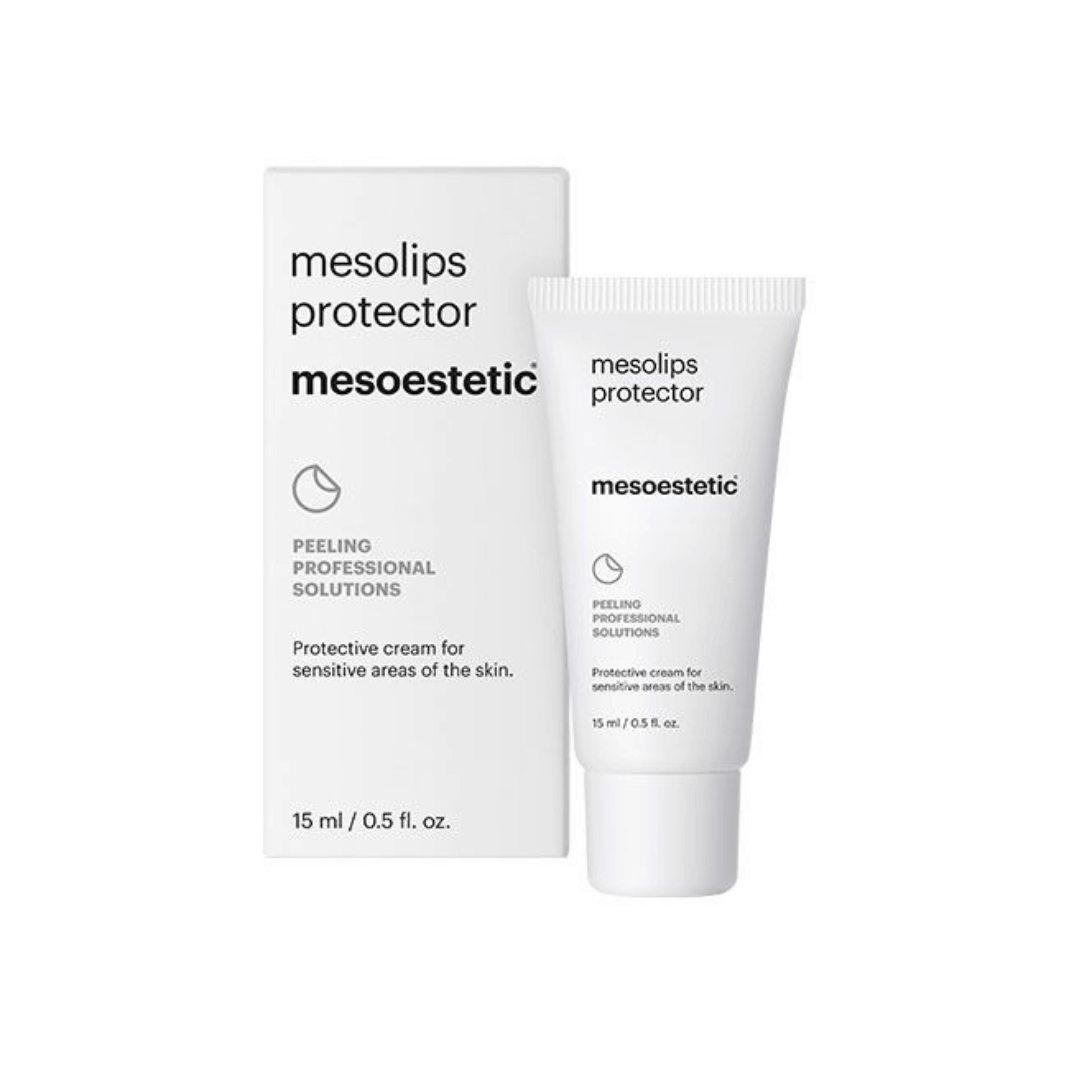 Mesoestetic Mesolips Protector packaging with a 15ml tube, protective cream for sensitive skin areas.