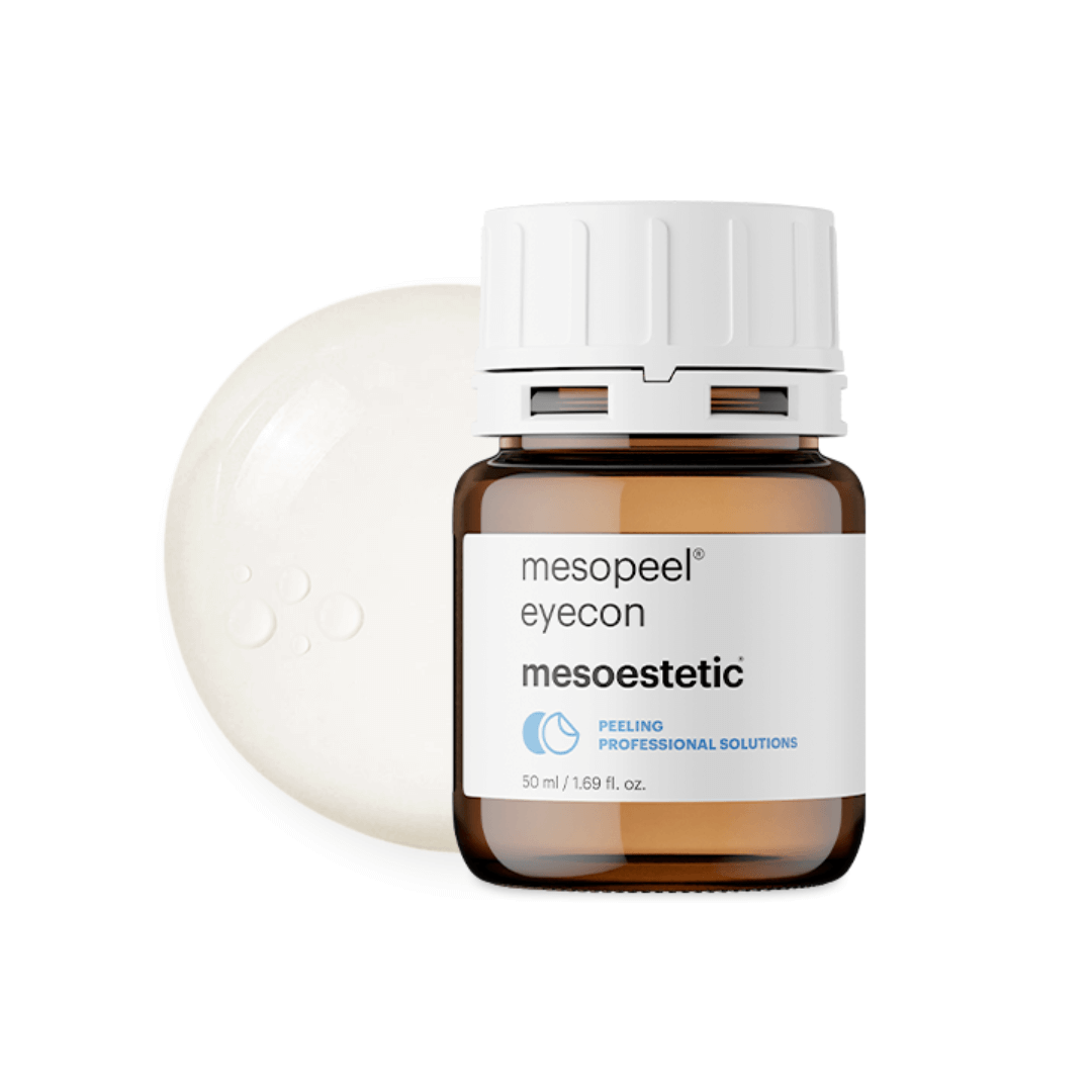 Mesoestetic Mesopeel Eyecon 50ml anti-aging peeling solution in a brown bottle with white cap, shown with transparent liquid.