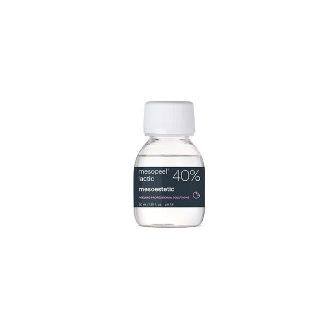 Mesoestetic Mesopeel Lactic 40% bottle. Exfoliating acid peel for improved skin hydration and texture.