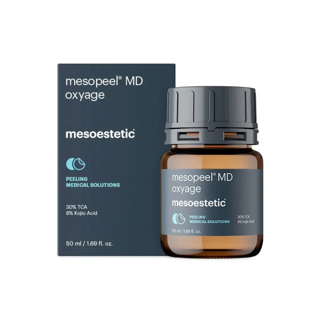 Mesoestetic Mesopeel MD Oxyage with 30% TCA and 6% kojic acid in a 50ml bottle beside its box.