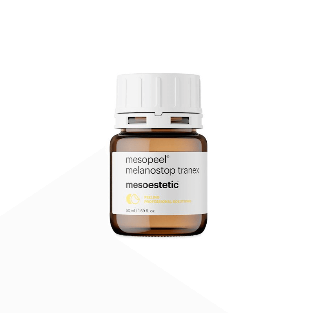 Close-up view of Mesoestetic Melanostop Tranex peel in a 50ml jar.