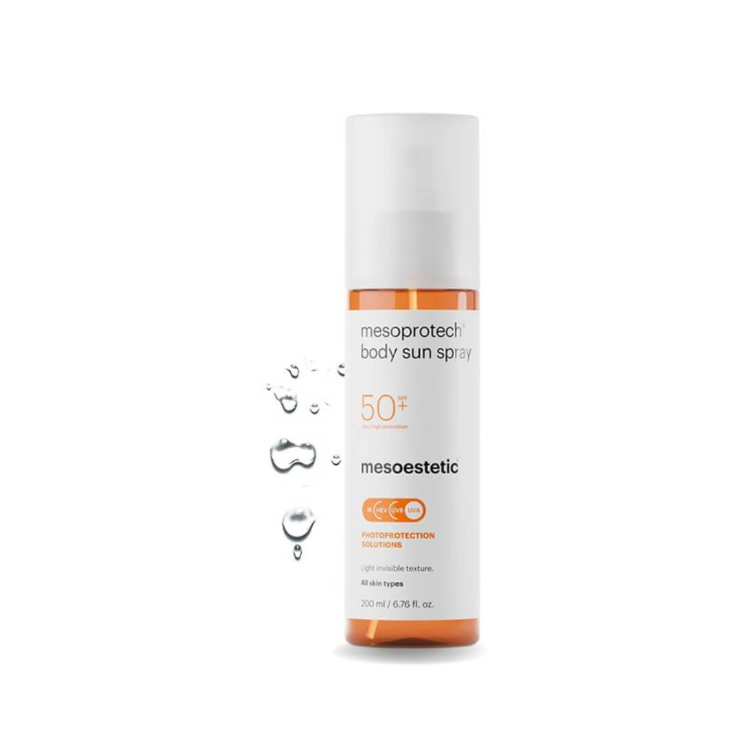 Mesoestetic Mesoprotech sun spray, 50+ SPF in white bottle with water droplets, emphasizing high protection and ultralight texture.