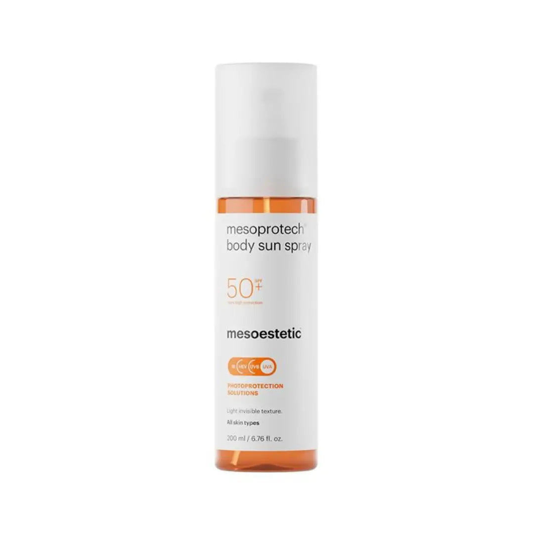 White spray bottle of Mesoestetic Mesoprotech Body Sun Spray, SPF 50+, on a clear background.