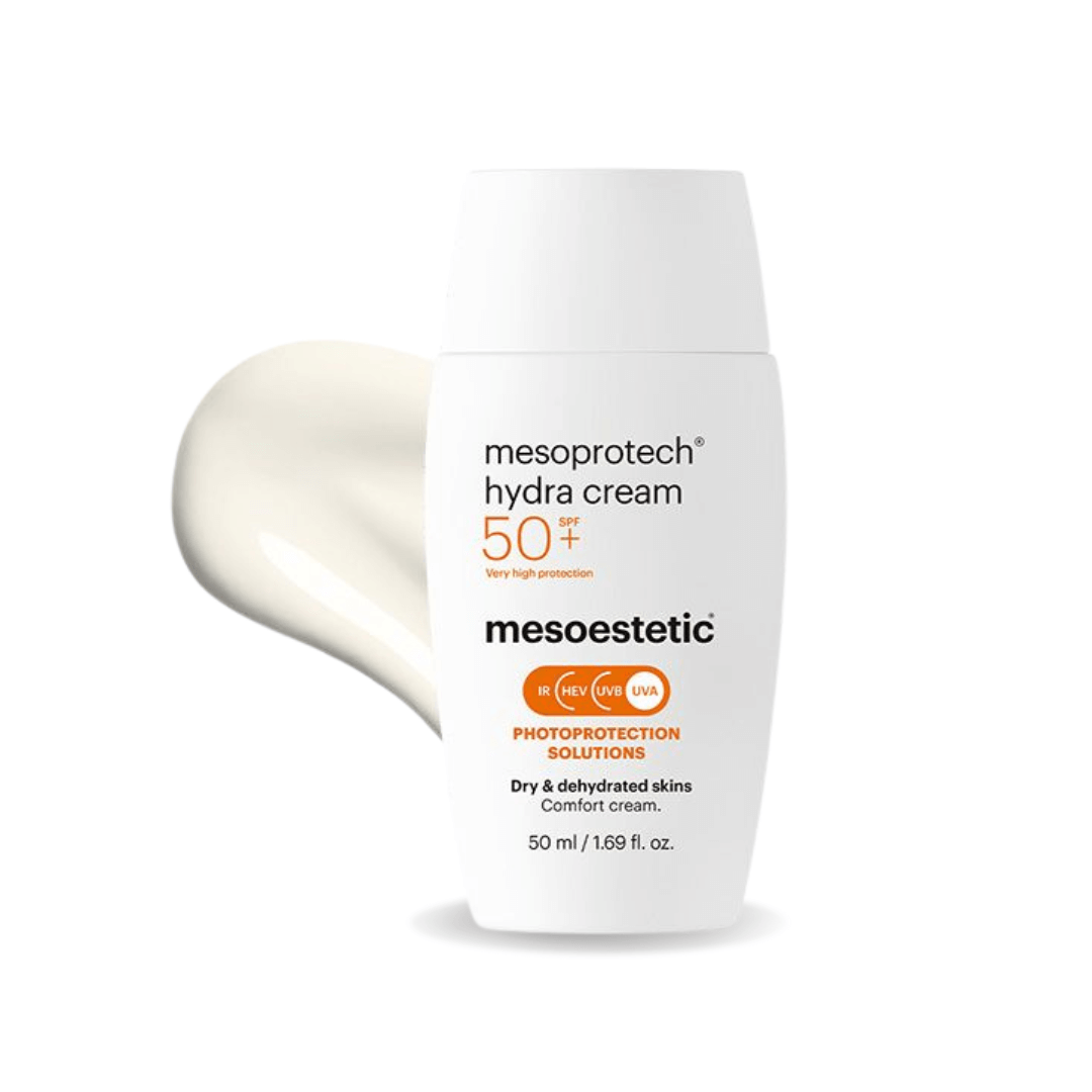 Mesoestetic Mesoprotech Hydra Cream SPF 50+ in a white bottle on a simple background, emphasizing high protection for dry skin.