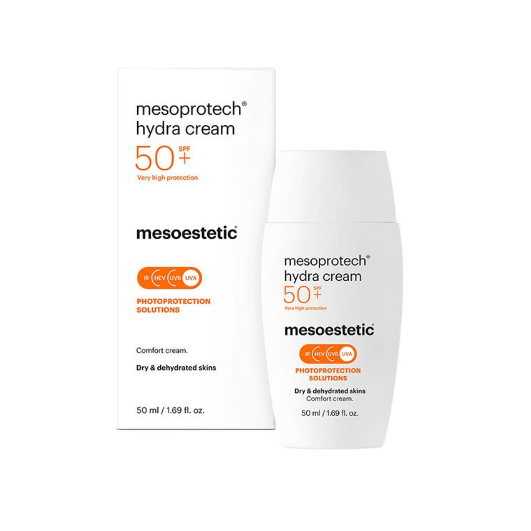 Mesoestetic Mesoprotech Hydra Cream SPF 50+ packaging front view, for dry and dehydrated skin.