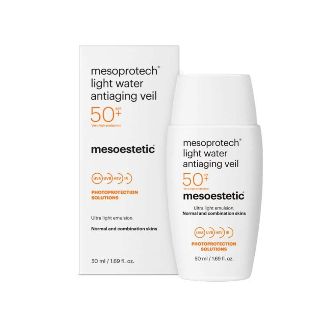 Packaging and tube of Mesoestetic Mesoprotech Light Water Antiaging Veil SPF50+, 50ML displayed.