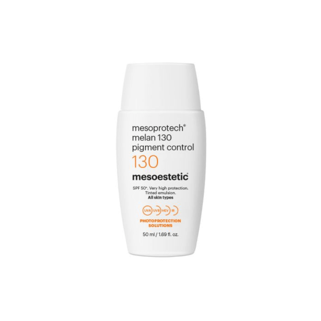 Mesoestetic Mesoprotech Melan 130, a tinted sunscreen SPF 50+ in white bottle with orange label, designed for high UVA and UVB protection.