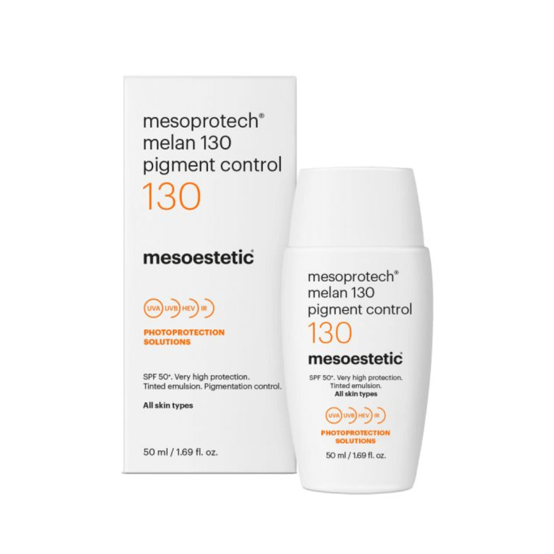 Mesoestetic Mesoprotech Melan 130 Pigment Control SPF 50+ sunscreen in white packaging with orange details; suitable for all skin types to prevent pigmentation.