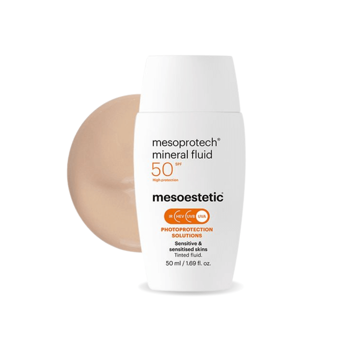 Mesoestetic Mesoprotech Mineral Fluid SPF 50+ bottle with tinted cream displayed, tailored for sensitive skin.