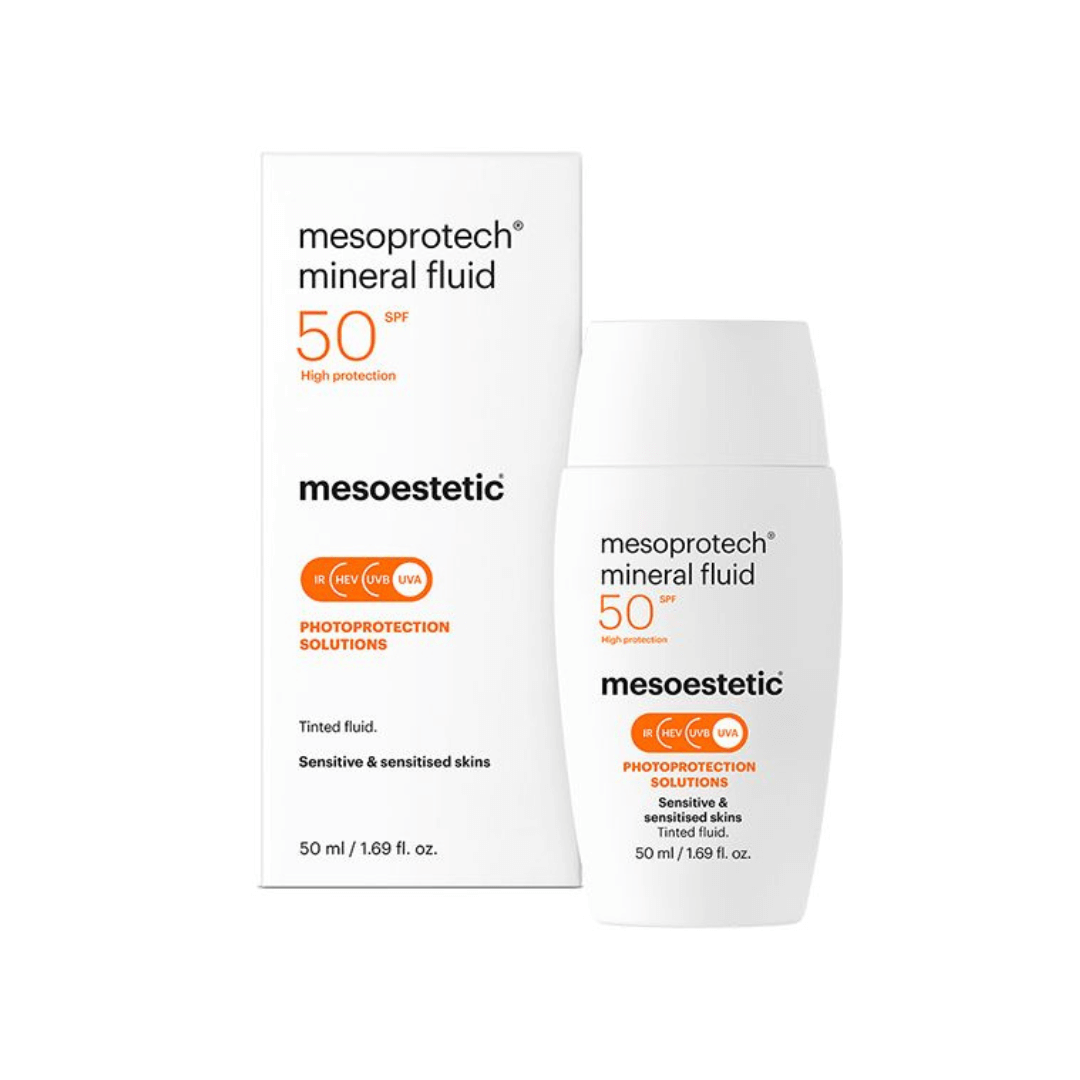 Mesoestetic Mesoprotech Mineral Fluid SPF 50+ bottle alongside packaging, highlighting its suitability for sensitive skin.