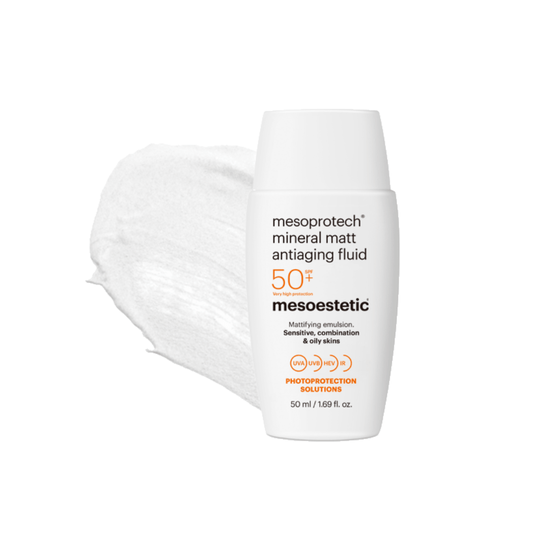 Texture of Mesoestetic mineral matt antiaging fluid SPF 50+, shows white creamy formula, packaged in a white bottle