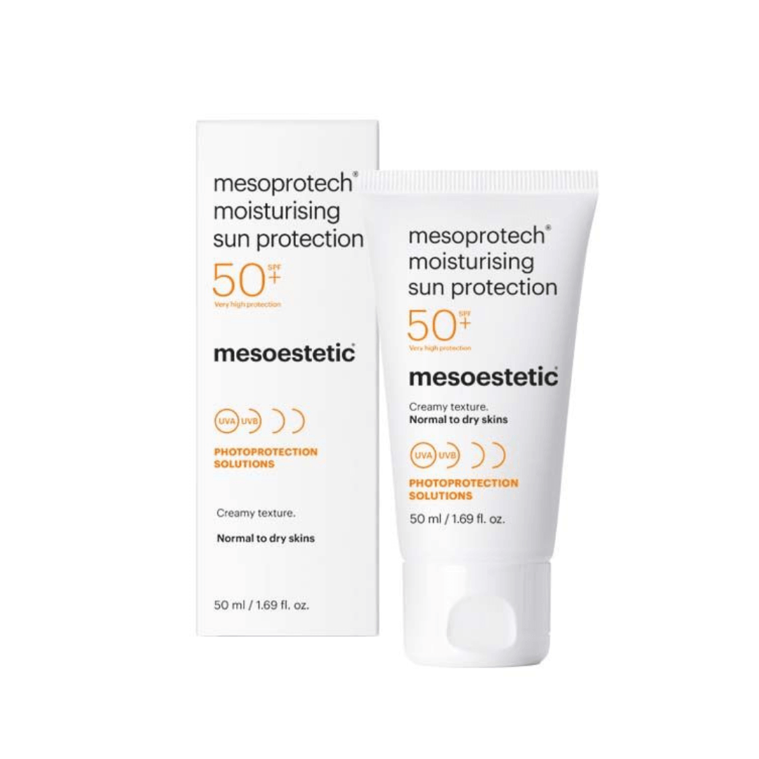 Packaging and tube of Mesoestetic Moisturising Sun Protection SPF 50+, high UV protection for sensitive skin.