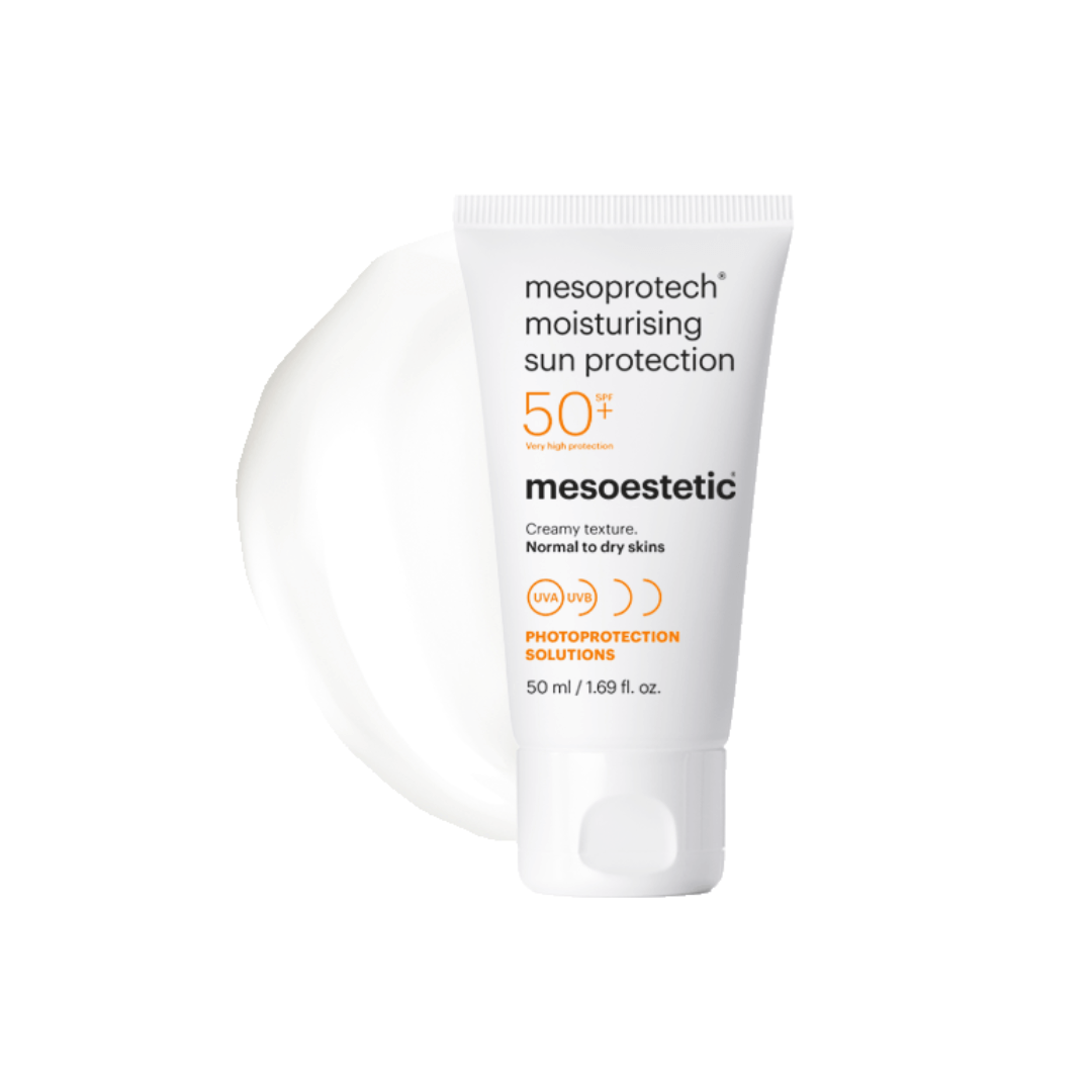 Mesoestetic Mesoprotech Moisturising Sun Protection 50+ tube with cream texture spilling out, for dry skins.