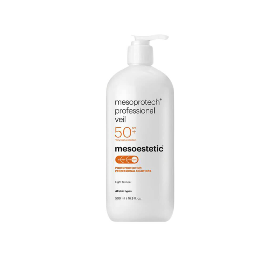 Large pump bottle of Mesoestetic Mesoprotech Professional Veil SPF50+, suitable for all skin types with light texture.