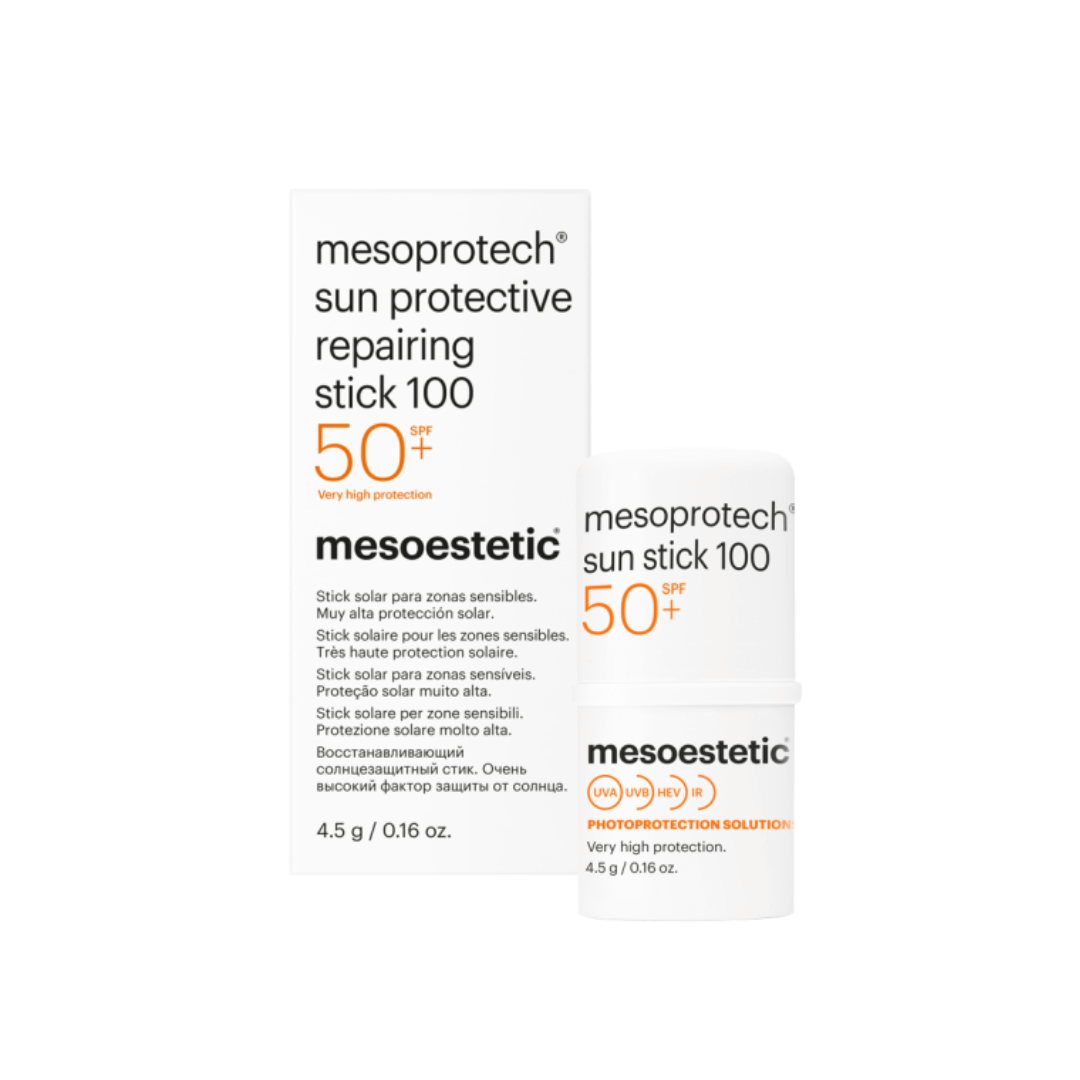 Mesoestetic sun protective stick SPF 50+ with packaging, ideal for sensitive areas like lips and eyes.