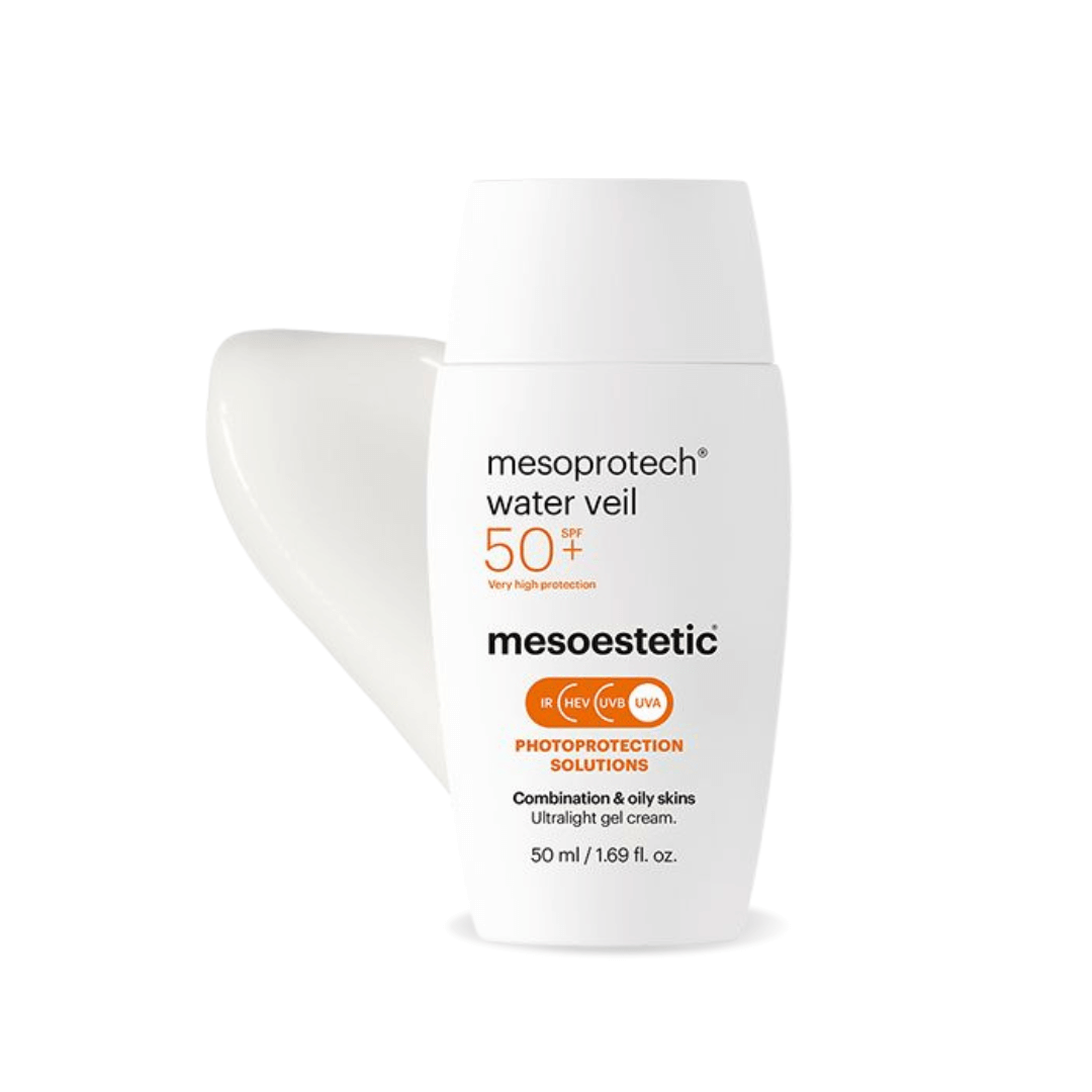 Mesoestetic Mesoprotech Water Veil SPF50+ bottle with white background. Lightweight facial sunscreen for oily to combination skin.