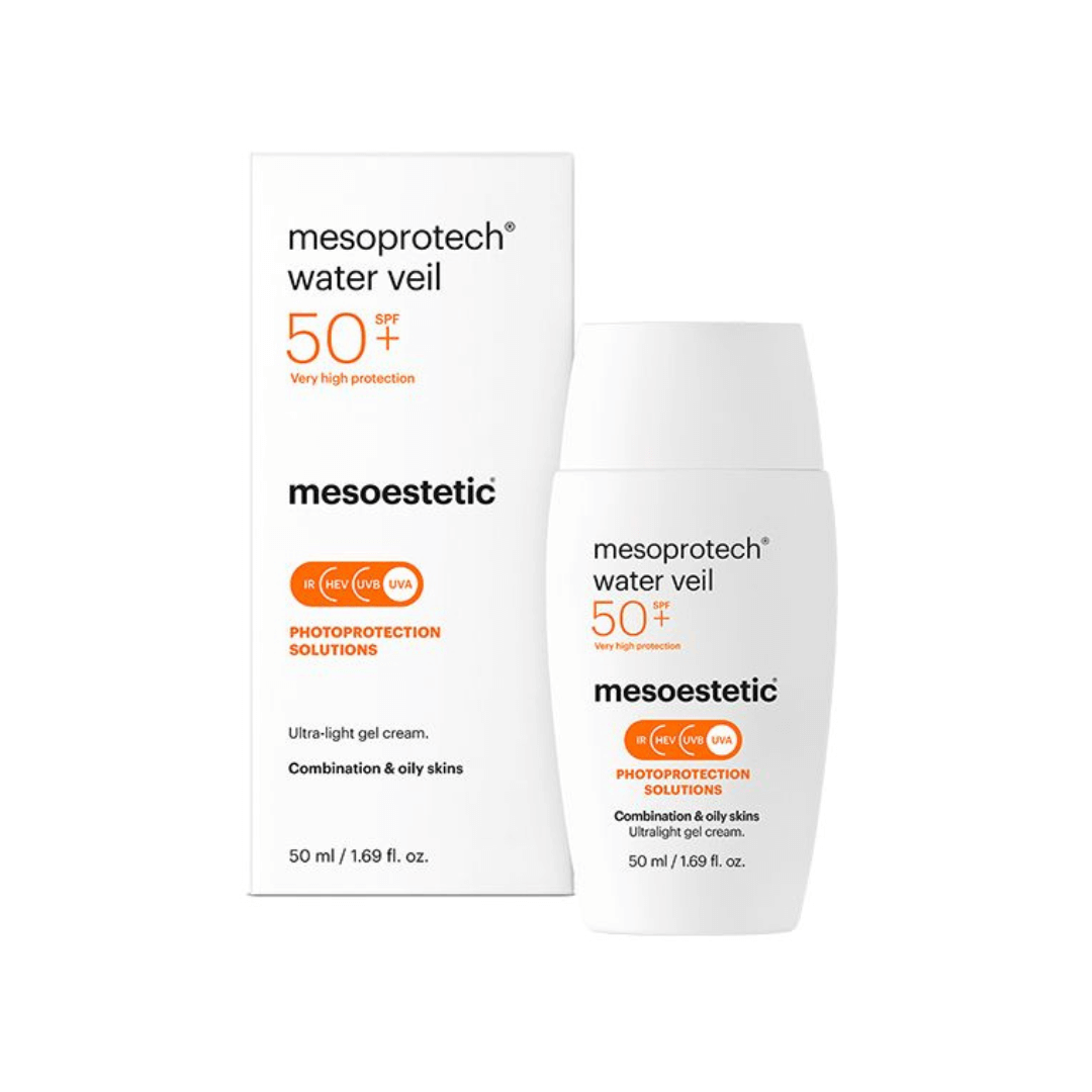 Mesoestetic Mesoprotech Water Veil SPF50+ with box. Lightweight gel-cream sunscreen for oily to combination skin.