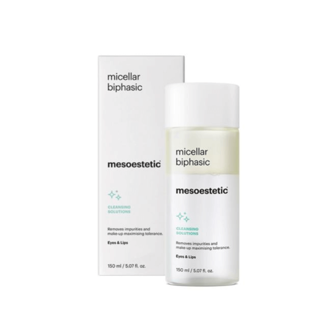 Mesoestetic Micellar Biphasic 150ml with box, both featuring minimalist design in white.