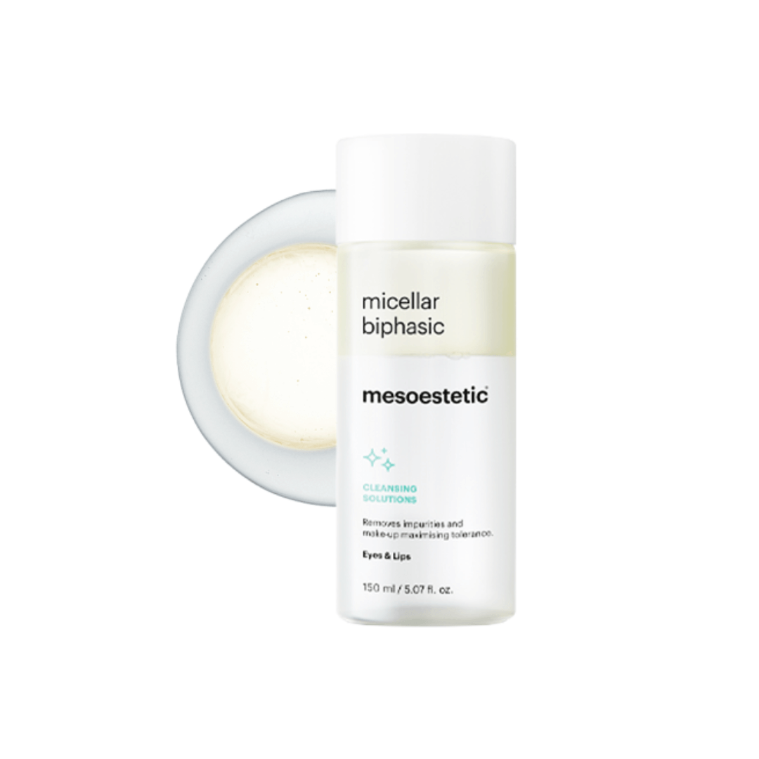 Mesoestetic Micellar Biphasic 150ml bottle with close-up of the liquid texture in a dish.