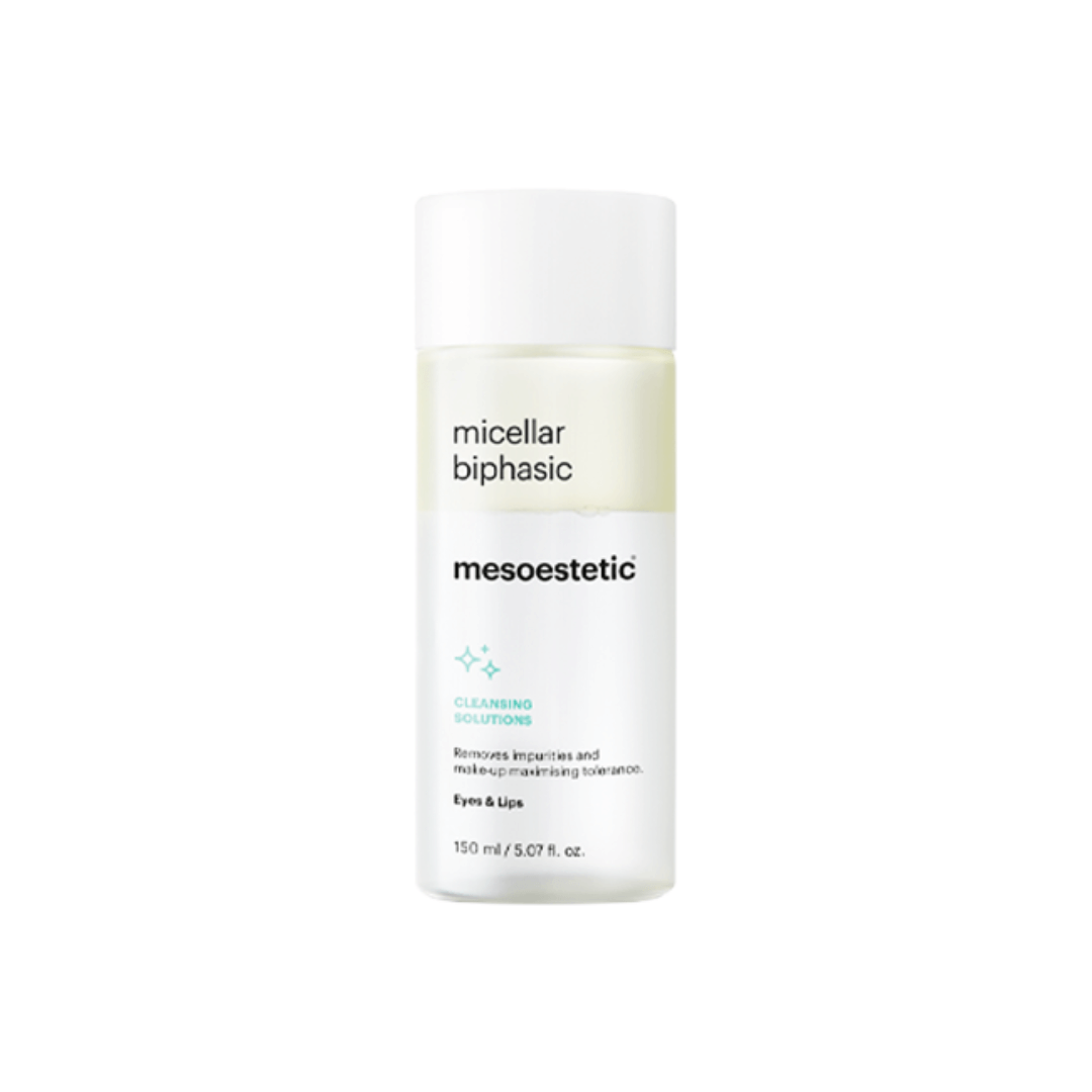 Mesoestetic Micellar Biphasic 150ml bottle, clear and white liquid layers in a white bottle.