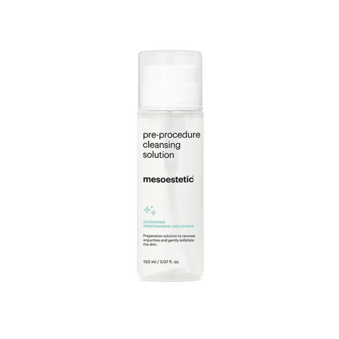 Mesoestetic Pre-procedure Cleansing Solution bottle, 150ml, removes impurities and dead cells.