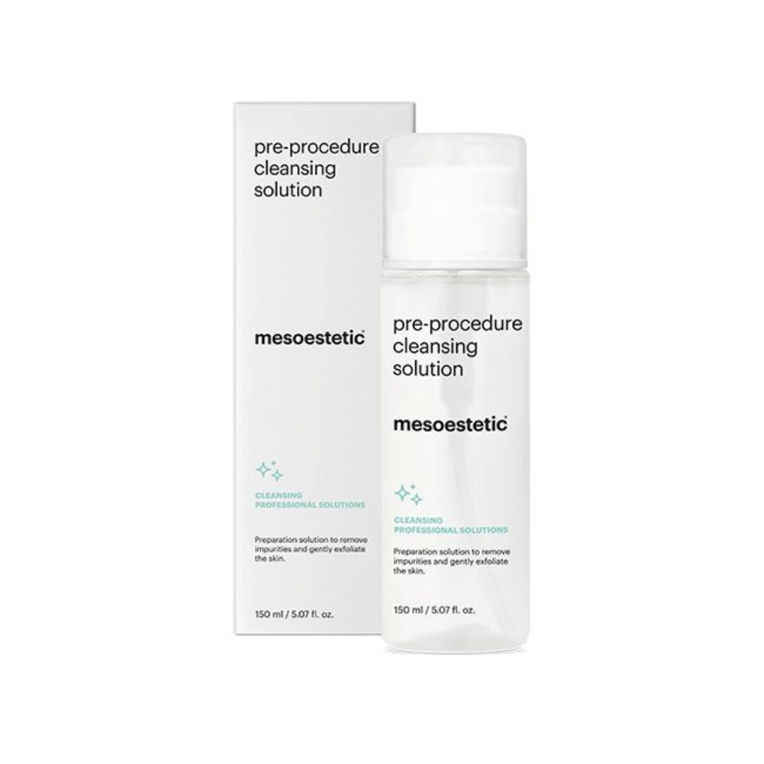 Mesoestetic Pre-procedure Cleansing Solution bottle and box, 150ml, degreases and exfoliates the skin.