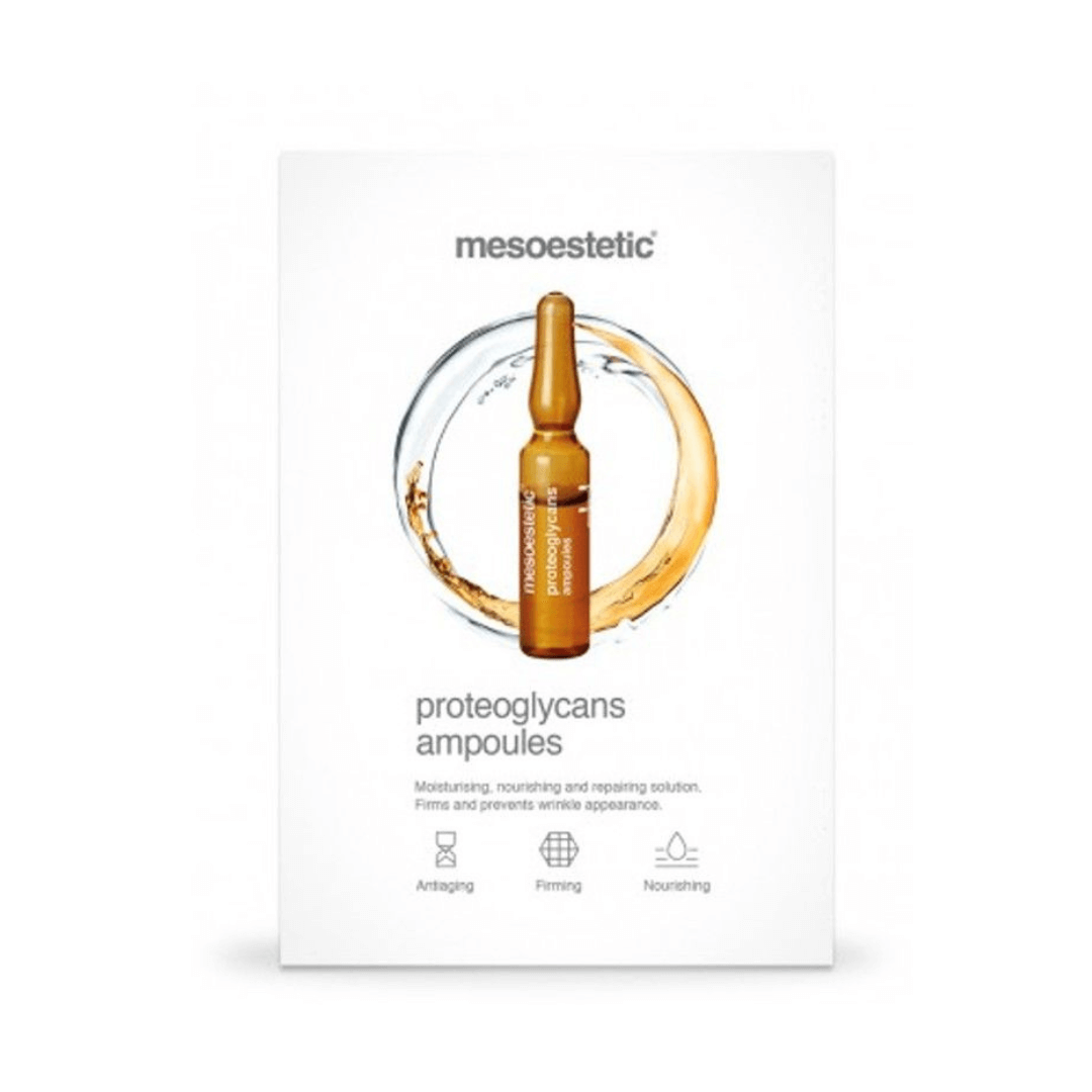 Box of Mesoestetic Proteoglycans Ampoules with single 2ml vial, anti-aging skincare solution.