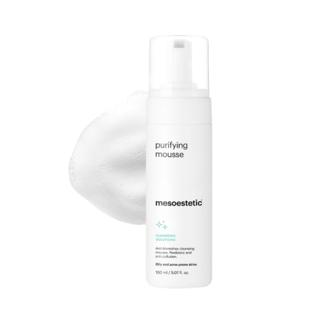 Mesoestetic Purifying Mousse, 150ml bottle with cleansing foam for oily and acne-prone skin. Helps unclog pores and prevent skin imperfections.