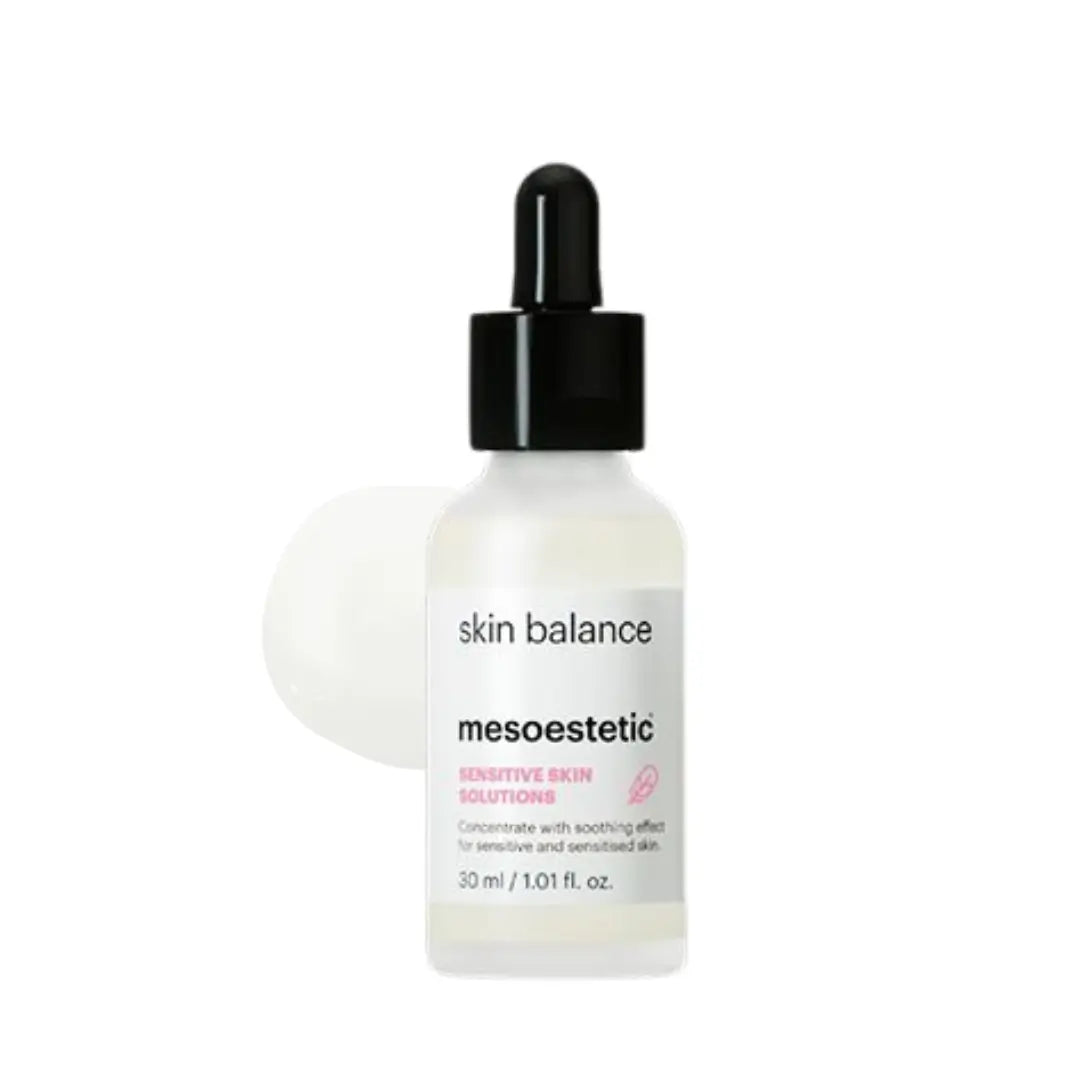 Mesoestetic Skin Balance serum bottle, 30ml, a soothing solution for calming and balancing sensitive skin.