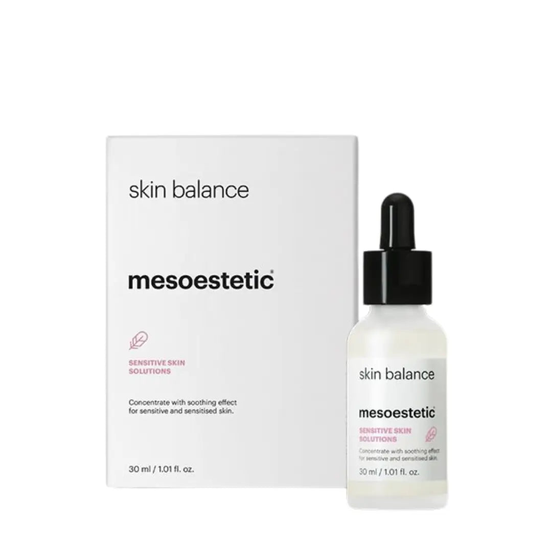 Mesoestetic Skin Balance serum with packaging, a 30ml product for sensitive skin, reduces redness and soothes irritation.