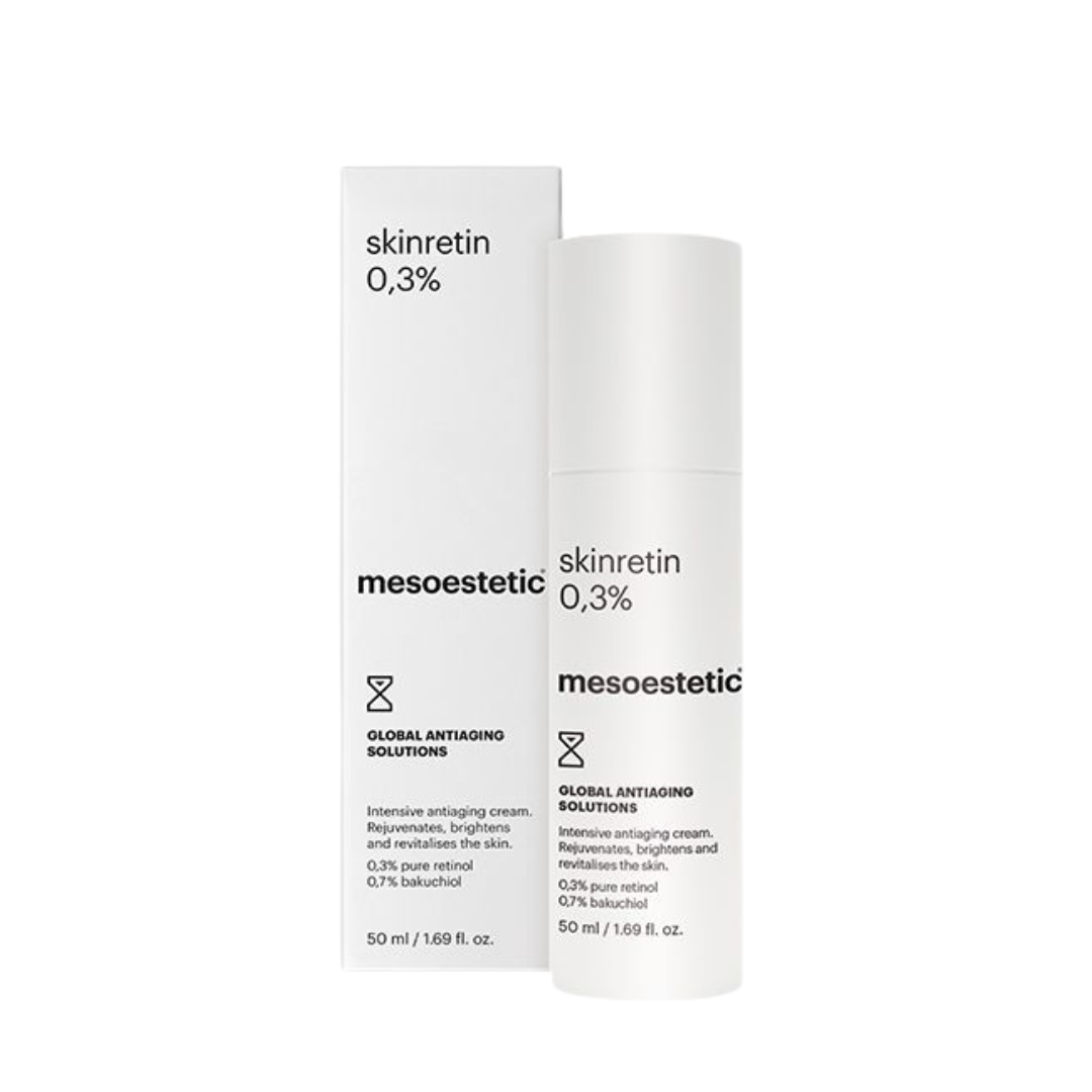 Mesoestetic Skinretin 0.3% 50ml anti-aging cream with packaging, suitable for reducing fine lines and improving skin tone.