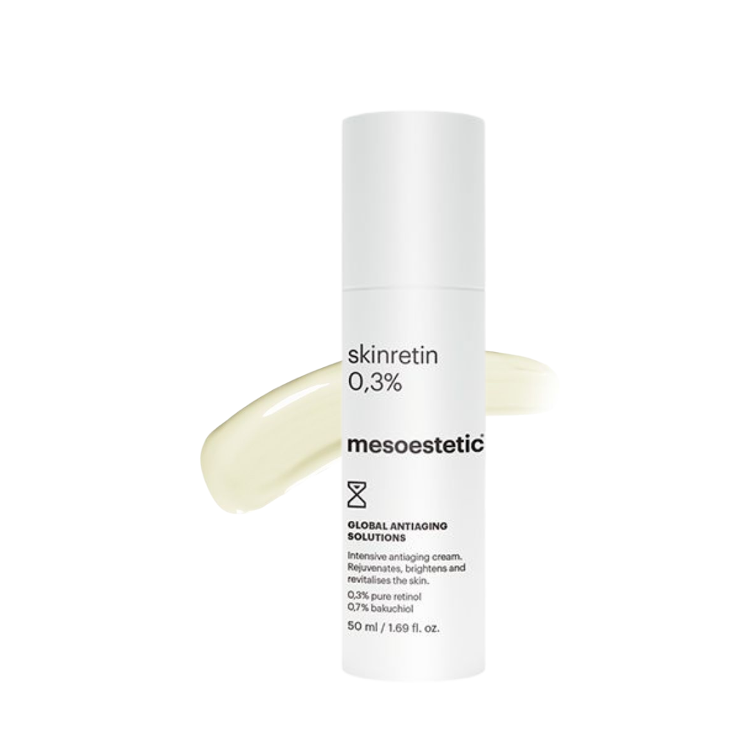 Mesoestetic Skinretin 0.3% 50ml anti-aging cream, shown with a light texture swatch, helps smooth and brighten skin.