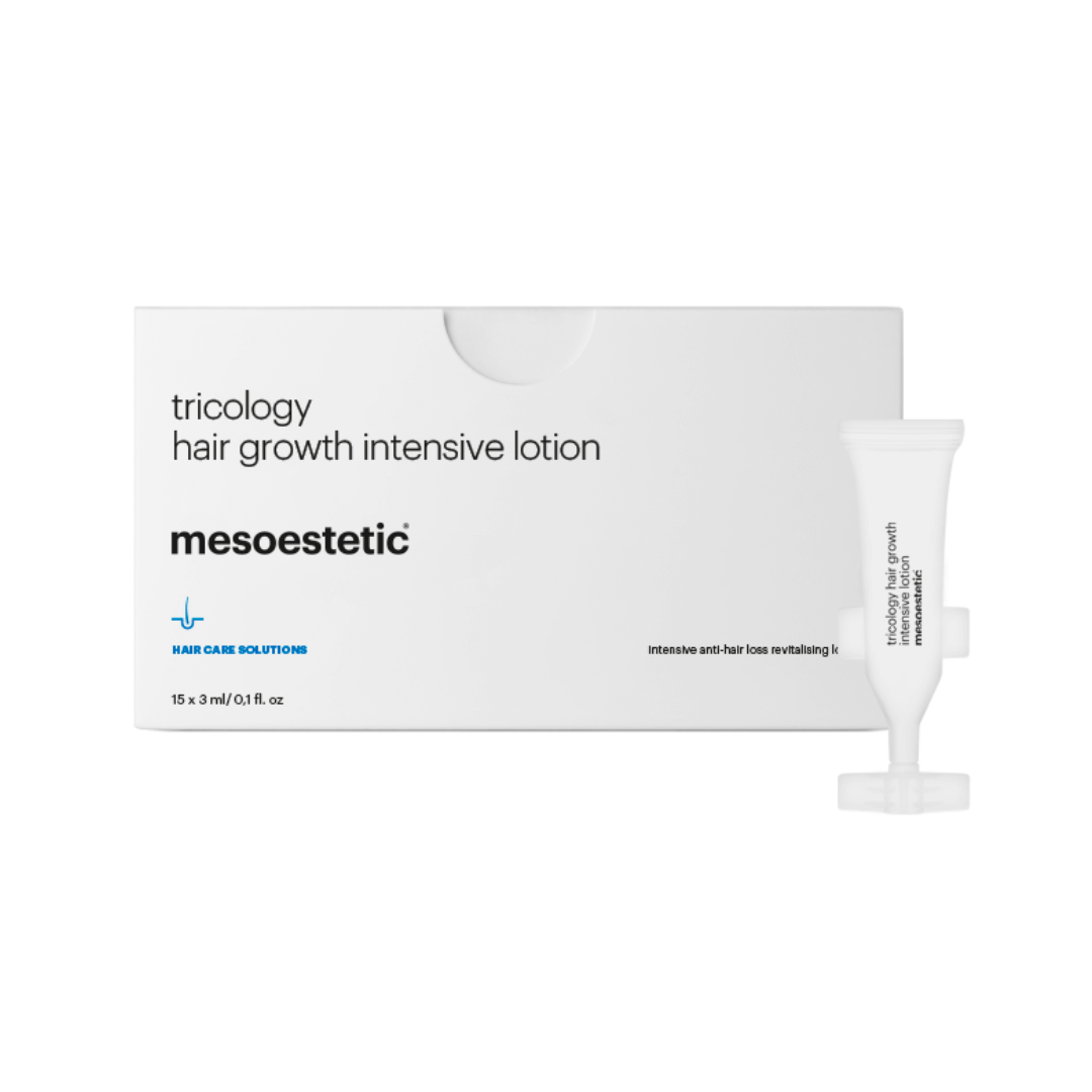 Box and vial of Mesoestetic Tricology Hair Growth Intensive Lotion for anti-hair loss treatment, 15 x 3ml.