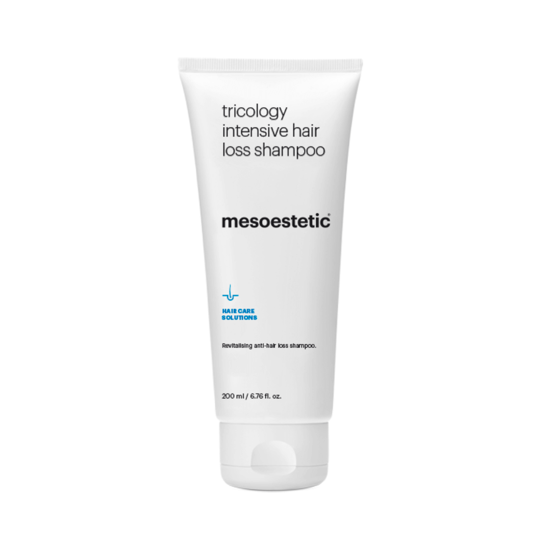 200ml tube of Mesoestetic Tricology shampoo, targets hair loss.