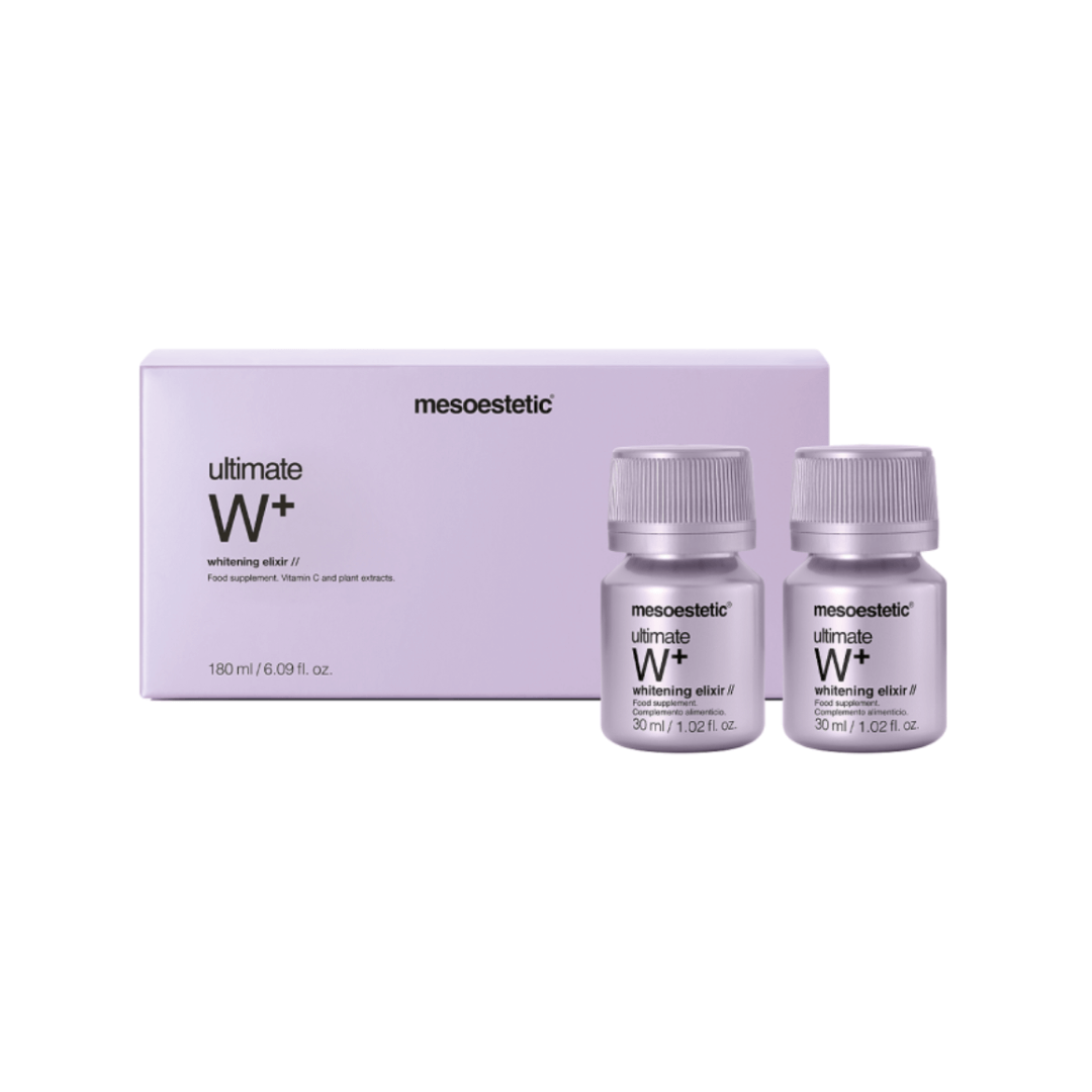 a box and two 30ml vials of Mesoestetic Ultimate W+ Whitening Elixir, a skin health supplement.