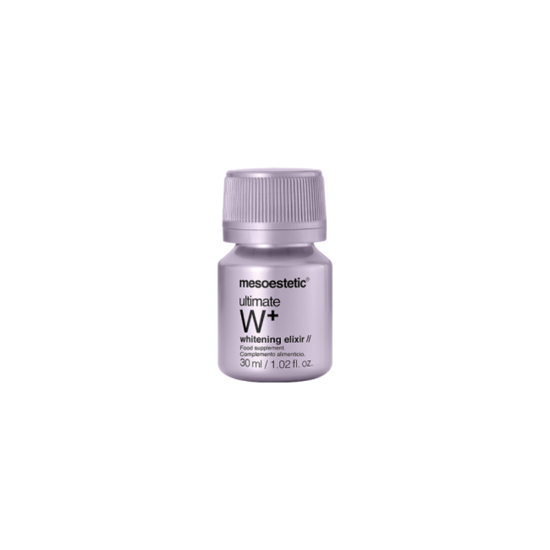 single 30ml vial of Mesoestetic Ultimate W+ Whitening Elixir, a dietary supplement for skin health.