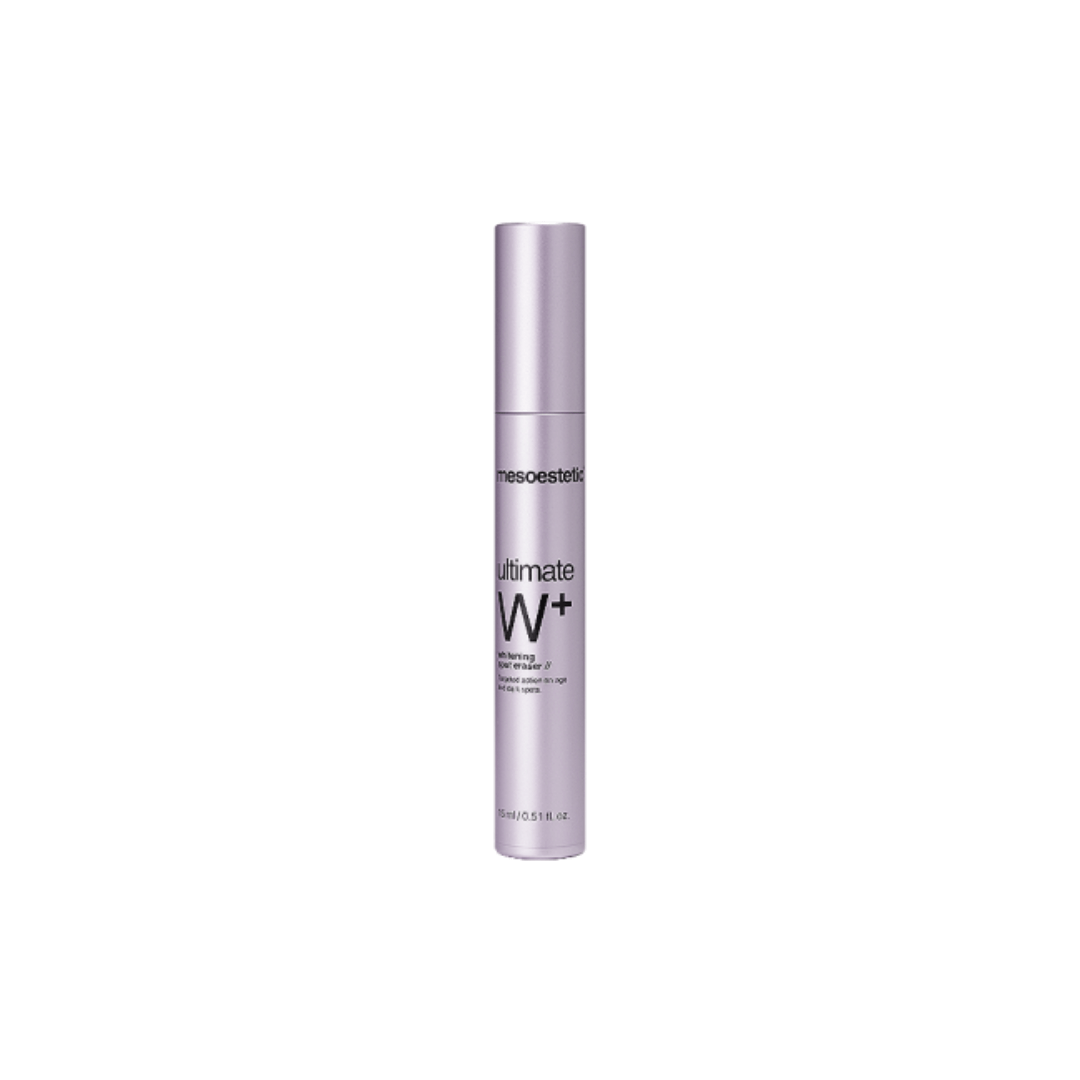 15ml tube of Mesoestetic Ultimate W+ Whitening Spot Eraser, used for skin whitening and hyperpigmentation treatment.