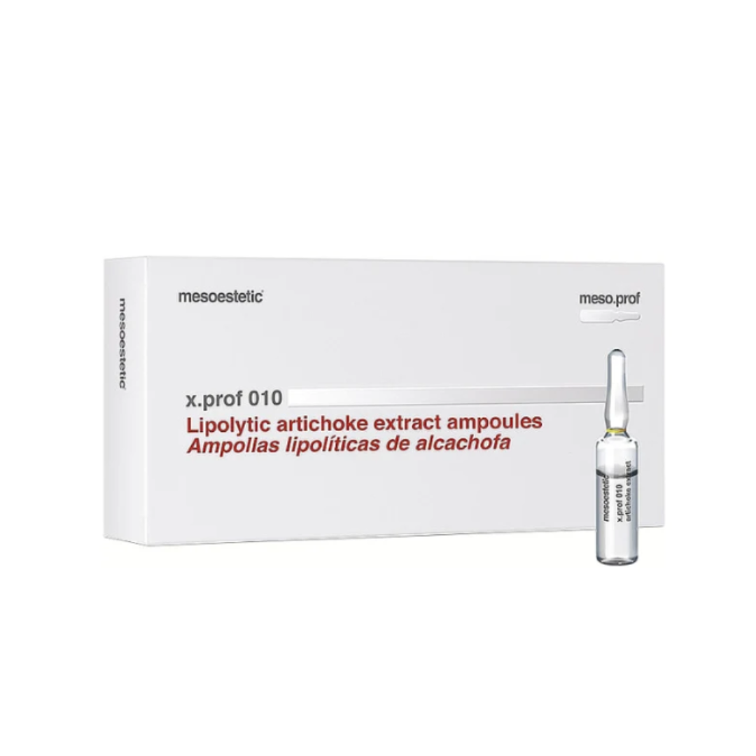 a box and one 5ml ampoule of Mesoestetic X.Prof 010 Artichoke Extract, used for toning and firming the skin.