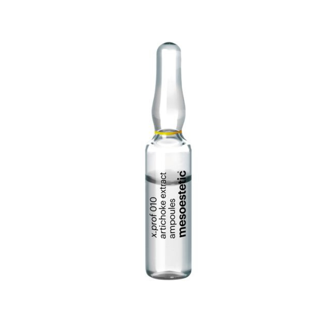 Single 5ml ampoule of Mesoestetic X.Prof 010 Artichoke Extract, for toning and firming skin.