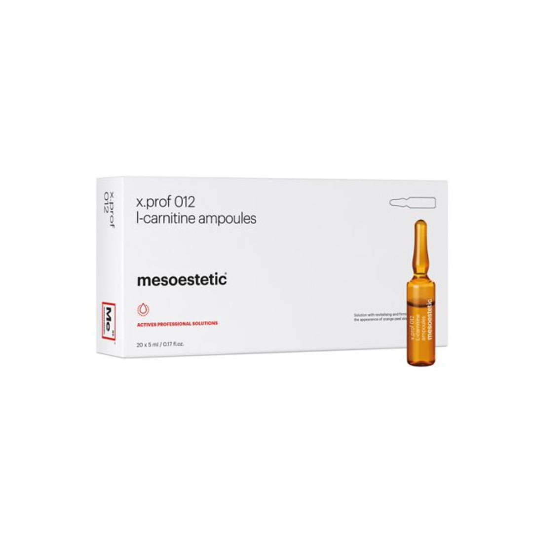 a box and one 5ml ampoule of Mesoestetic X.Prof 012 L-Carnitine, used for fat metabolism.