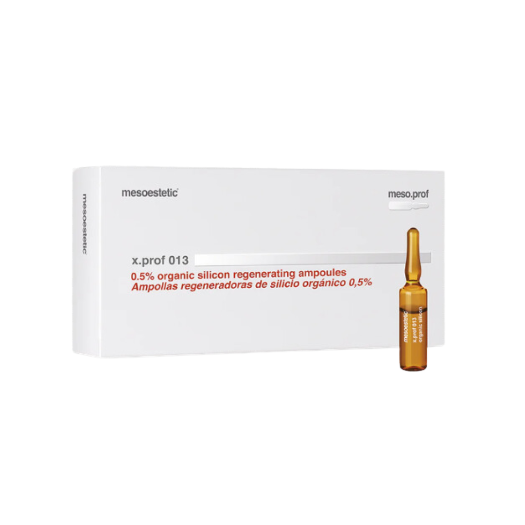 A box and one 5ml ampoule of Mesoestetic X.Prof 013 Organic Silicon, used for skin firming and moisturizing.