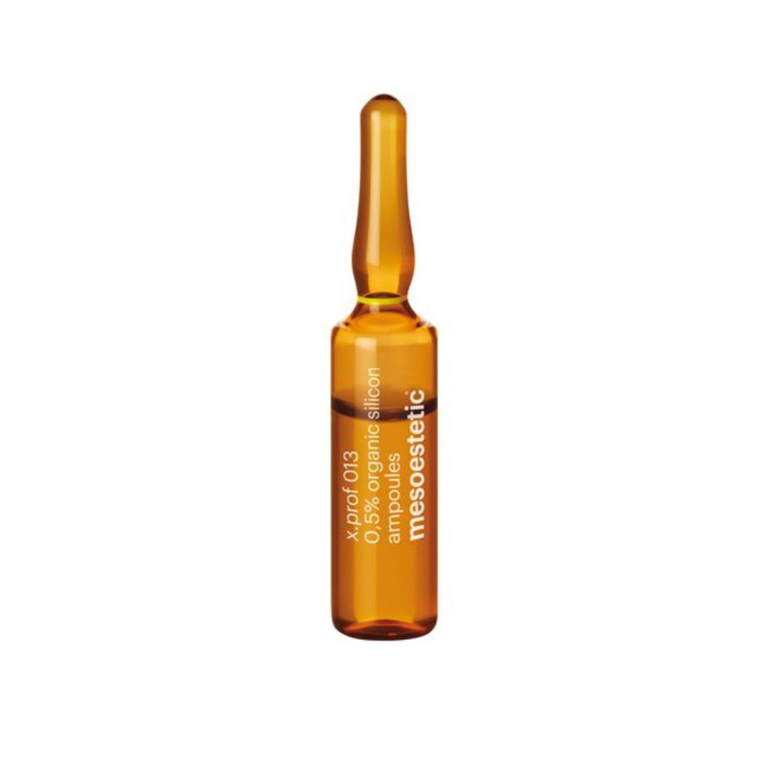 Single 5ml ampoule of Mesoestetic X.Prof 013 Organic Silicon, for skin firming and moisturizing.