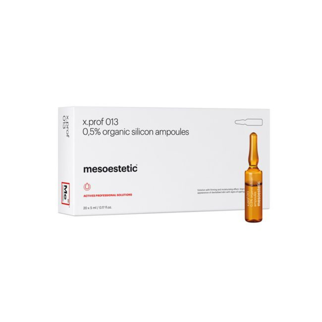 Mesoestetic X.Prof 013 Organic Silicon 0.5% Ampoules 20x5ml, box and single ampoule for skin firming.