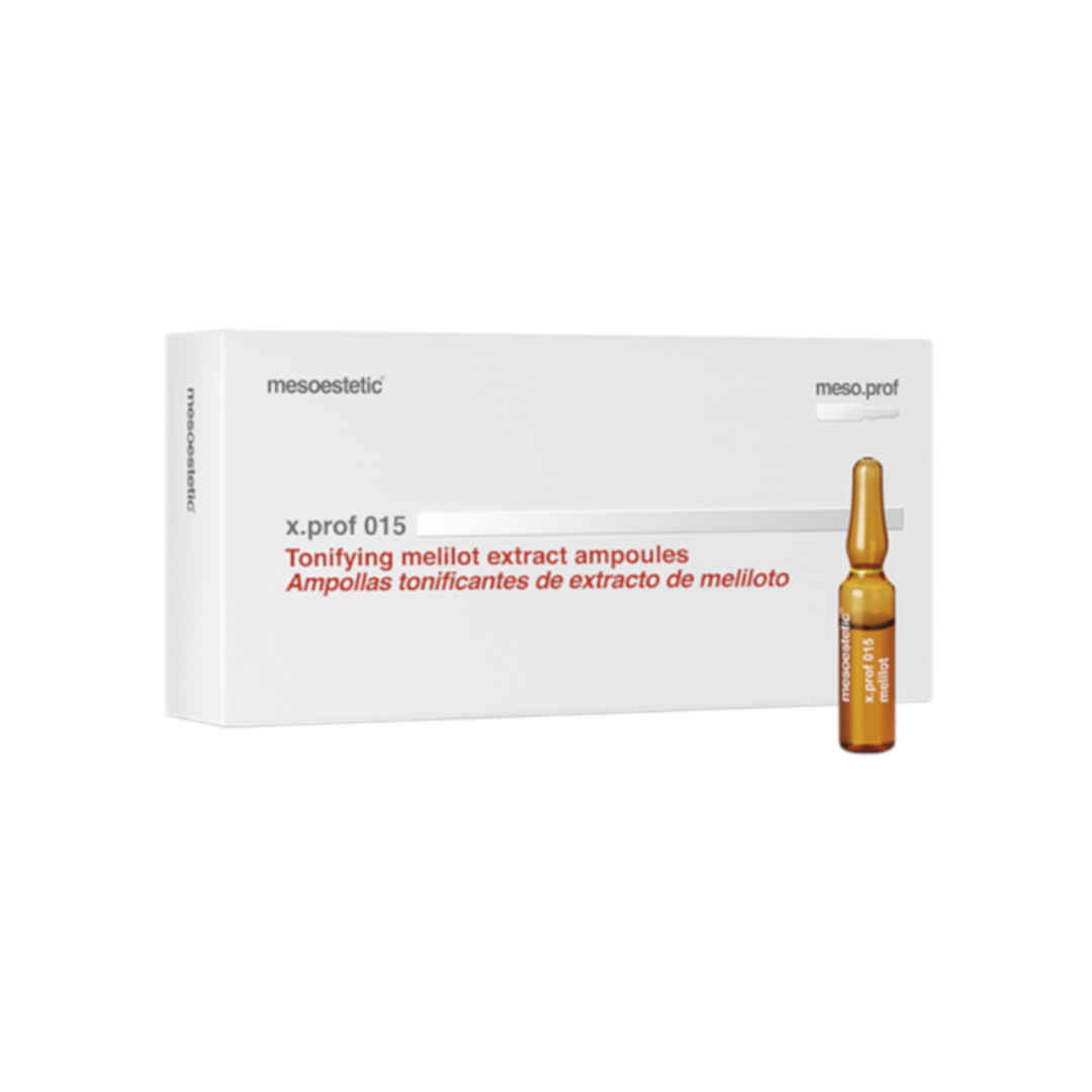 a box and one 2ml ampoule of Mesoestetic X.Prof 015 Melilot and Rutin Extract, used for activating microcirculation and vasculoprotection.