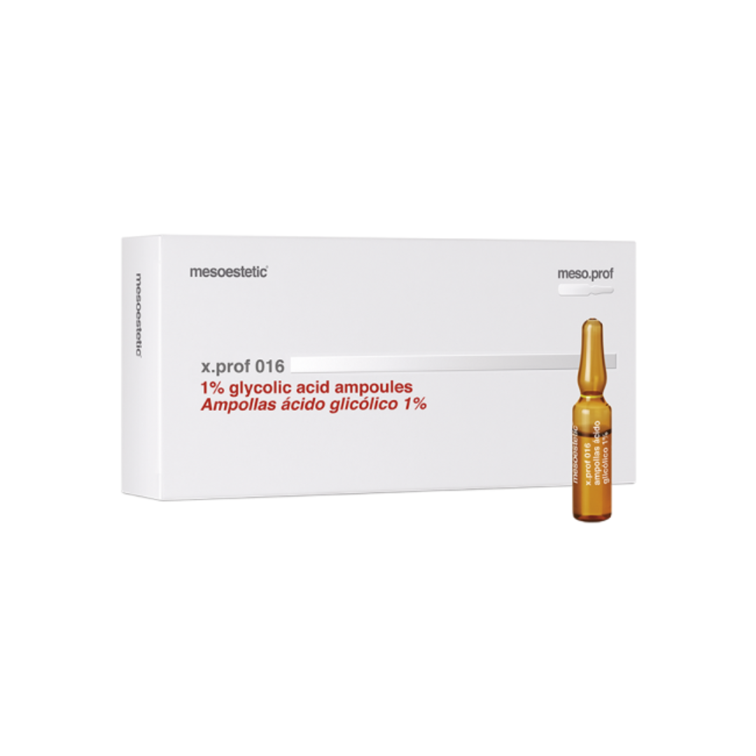 a box of Mesoestetic X.Prof 016 Glycolic Acid Ampoules containing 20x2ml, with one ampoule displayed next to the box.