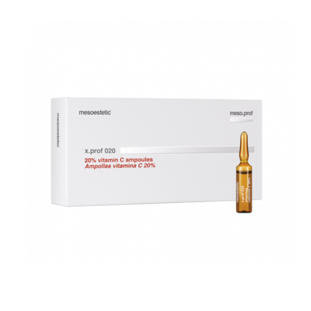 a box of Mesoestetic X.Prof 020 20% Vitamin C Ampoules containing 20x5ml, with one ampoule displayed next to the box, used for antioxidant and firming.