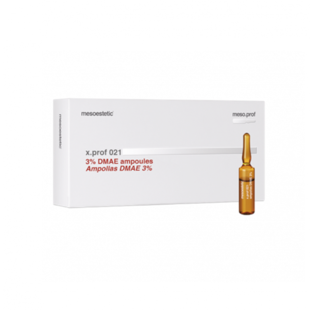 Mesoestetic X.Prof 021 3% DMAE Ampoules box and a single ampoule. 