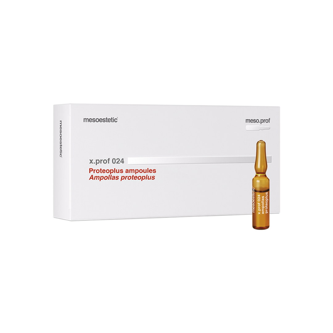 Mesoestetic X.Prof 024 Proteoplus Ampoules box with a single ampoule, 20 x 2ml, anti-oxidant treatment for skin hydration.